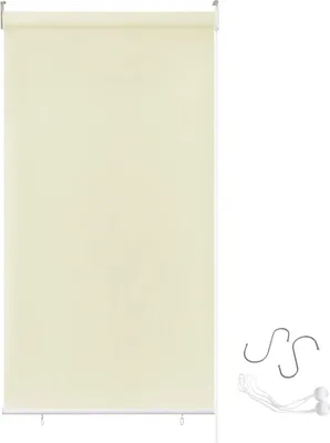 A beige roller blind with accessories on a white background.