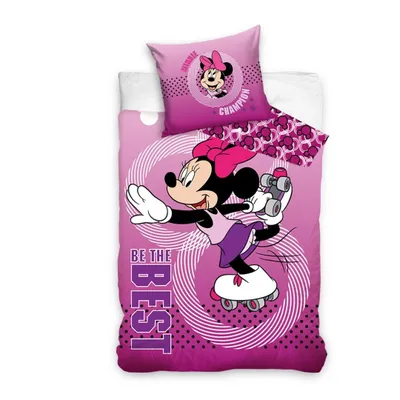 A folded duvet cover and pillowcase set with a Minnie Mouse design.