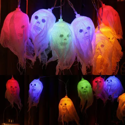 A collage of two images showing strings of Halloween ghost-shaped lights with LED lights inside, in various colors.