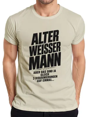 Productafbeelding van "Alternatieve witte man, 3 discriminaties, statement, sarcastisch, oma/opa, heren T-shirt, natuur, maat XL."