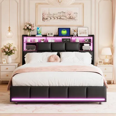 Obrázok produktu pre INONEFT čalúnená posteľ 140x190 cm s LED osvetlením, USB portami a zásuvkami, posteľ s úložným priestorom v čelnej časti, dvojlôžko s úložným priestorom a latkovým roštom, čierna farba (PU)