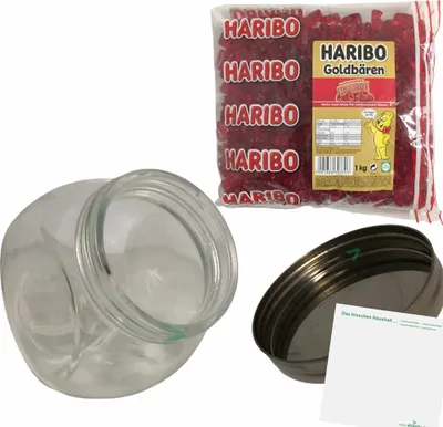 Produktbild von usy Bonboniere + Haribo Goldbären Himbeer Pack (1kg Beutel) + 1200ml Volumen Glas Größe XL + usy Block