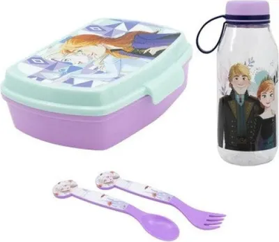 Produktbild von Disney Die Eiskönigin Elsa 4 tlg Kinder Set Brotdose Trinkflasche 460 ml Besteck