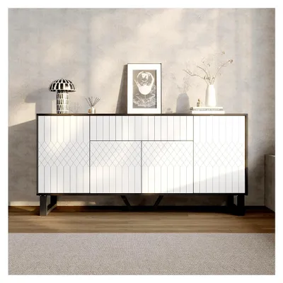 Produktbild von Sideboard mit Metallfüßen, Küchenschrank mit 4 Türen und 1 Schublade, Kommode für Wohnzimmer, 140x38.9x80cm, Weiß und Schwarz
