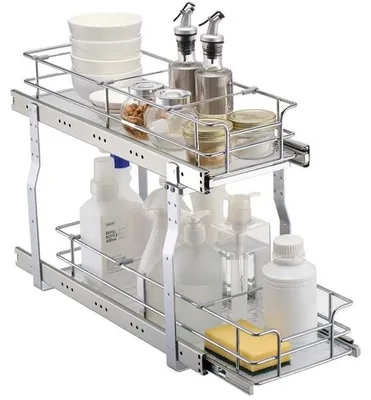 Obrázok produktu pre 2-úrovňový výsuvný organizér do skrinky pod drez - 215x533x385 mm - priestorovo úsporný a funkčný - ideálny na organizáciu kuchyne