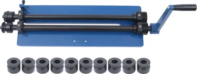 A blue metal rolling machine with black rollers and a crank handle, shown with several black cylindrical accessories below it, all on a white background.