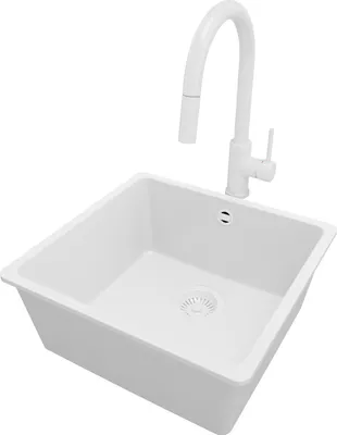 Produktbild von PRIMAGRAN Unterbauspüle Granit Alles Weiß 46x44cm, Spülbecken 1 Becken + Küchenarmatur 40x20cm + Ablauf-Set, Granitspüle ab 50er Unterschrank - Venedig Easy
