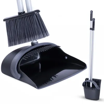 Produktbild von CLEANLY Kehrgarnitur mit langem Stiel 134 cm - Kehrschaufel mit Besen - Kehrblech - Handfeger für Innen und Außen - Innovative Borstenfasern - Schwarz, Grau