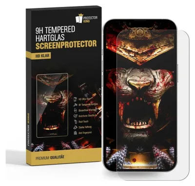 Product packaging for a screen protector, with a smartphone displaying a graphic of a lion's head in armor.