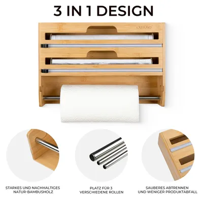 Produktbild von Exitoso 3-in-1 Folienschneider aus Bambus | Küchenrollenhalter Frischhaltefolienspender & Alufolienspender kombiniert | Wandrollenhalter Küche | Holz