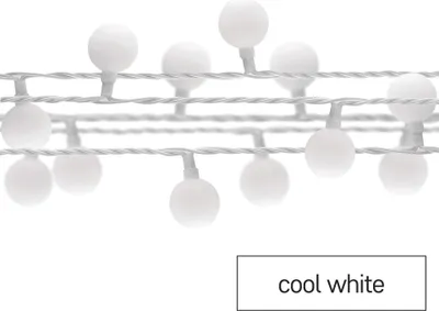 LED světelný cherry řetěz – kuličky 2,5 cm, 4 m, venkovní i vnitřní, studená bílá, časovač