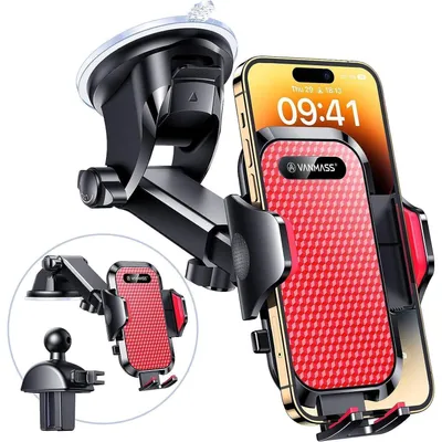 Produktbild von Handyhalterung Auto 3 in 1 Saugnapf & Lüftung Rot Universell iPhone Samsung Huawei 360° Drehbar
