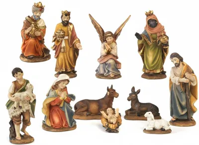 Klassische Weihnachtskrippe, 11-teilig, Kunstharz, Braun