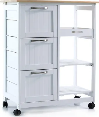 Produktbild von anaterra® Küchenwagen - mit Rollen, 67x37x84 cm, 3 Ebenen, 3 Schubladen, Arbeitsplatte, Ablage, Holz, Landhausstil, Weiß - Servierwagen, Kücheninsel