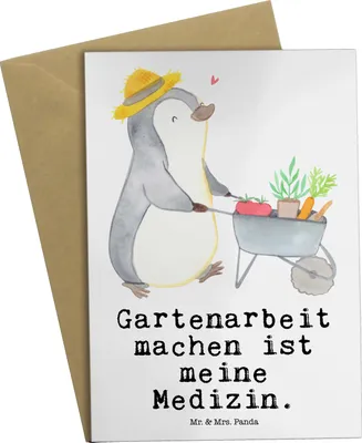 Produktbild von Mr. & Mrs. Panda Klappkarte Pinguin Gartenarbeit - Weiß - Geschenk, Grußkarte, einladungskarten, dankeskarten, weihnachtskarten, Gärtnern, Urban Gardening, osterkarten