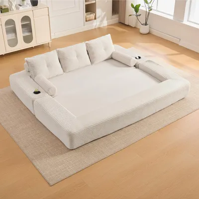 Produktbild von LVHOM Klappsofa 2-in-1 Schlafsofa aus Cordstoff, Bodensofa mit Getränkehalter, Modulares Polstersofa mit Seitentaschen, 232 cm, Beige