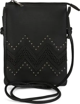 Produktbild von styleBREAKER Damen Mini Umhängetasche 14x19cm | weiches Kunstleder mit Zick-Zack Cutout & Nieten | Reißverschluss | für Party Festival Alltag | kleine Crossbody Bag
