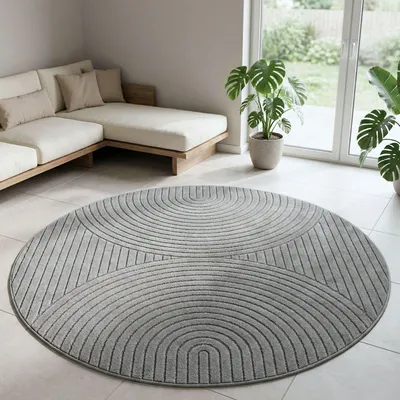 Produktbild von Carpetsale24 Outdoor Teppich, Modern Boho Design, 3D Effekt, Robust und UV-Beständig, ideal für Terrasse Wohnzimmer & Küche, Grösse: 120 cm Rund