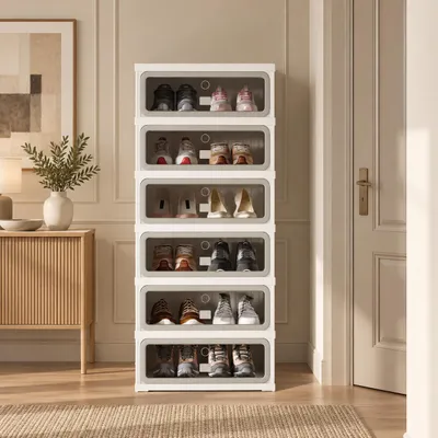 Imagen del producto de INONEFT - Zapatero estrecho con 6 niveles y puerta, estante de plástico para 12 pares de zapatos, solución de almacenamiento para zapatos que ahorra espacio, 45x34x106 cm, blanco