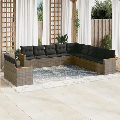 Produktbild von Design 11-tlg. Garten-Sofagarnitur mit Kissen Grau Poly Rattan, Gartenmöbel-Sets 2024 Neu