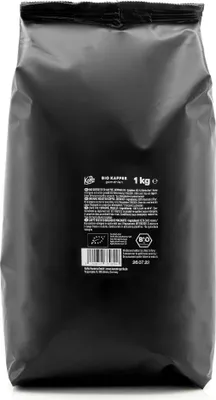 A black bag of coffee beans with product information printed on it.