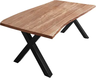 Produktbild von Esszimmertisch 140x80 cm Xanten, Baumkantentisch naturfarben, Akazienholz massiv, X-Gestell aus Metall schwarz