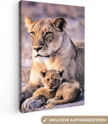Produktbild von MuchoWow® - Leinwandbilder - Löwin - Löwe - Junges, Wandbild, Wanddeko Bilder Wohnzimmer, 60x90 cm