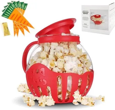 Zdjęcie produktu dla Urządzenie do przygotowywania popcornu do kuchenki mikrofalowej – z czerwoną maszyną do popcornu – w zestawie 50 torebek na popcorn i miska do popcornu