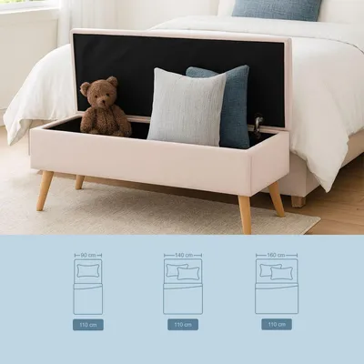 Image de Banc de rangement avec revêtement en lin et pieds en bois