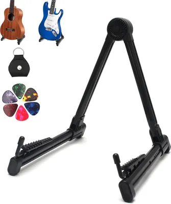 Productafbeelding van Gitaarstandaard - inclusief 6 plectrums – A-frame – draagbaar, opvouwbaar – geschikt voor akoestische gitaar, elektrische gitaar, viool – inklapbaar – inklapbaar – voor akoestische en elektrische gitaren – met rubberen voetjes – zwart