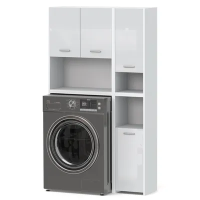 Produktbild von STIV Möbel | Badmöbel Set Weiß Matt / Weiß Hochglanz 94x30x165 cm | Hochschrank + Waschmaschinenschrank