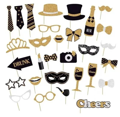 Produktbild von Foto Requisiten - 30-teiliges Set für Fotoboxen - Party Dekoration - Gold