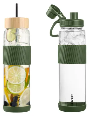 Productafbeelding van 1000ml / 32oz glazen waterfles met 2 deksels en een rietje