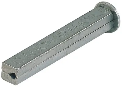 A silver metal object with text on it, isolated on a white background.