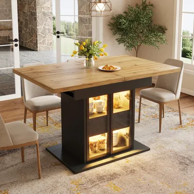 Immagine prodotto di Tavolo da pranzo estendibile MODFU, 110–140 cm, tavolo da cucina con illuminazione LED, tavolo da soggiorno con ante scorrevoli in vetro, maniglie a pressione nascoste e cassetti, colore nero