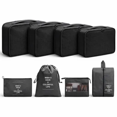 Immagine prodotto di Set di 8 organizer da valigia – Organizer da valigia con beauty case, sacchetti da viaggio e cubi da viaggio, ideali come borsa porta abiti (nero)