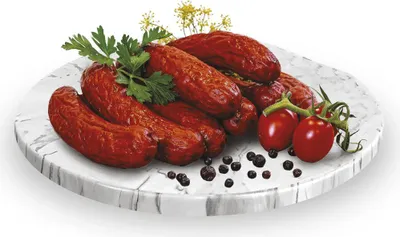 A platter of sausages with cherry tomatoes and parsley.