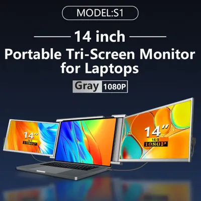 Zdjęcie produktu dla 14-calowy przenośny monitor rozszerzający do laptopa, FHD, z trzema ekranami, z jednym kablem do podłączenia dwóch wyświetlaczy, kompatybilny z systemami Windows i macOS, przeznaczony do laptopów o przekątnej ekranu od 13,3 do 16,5 cala