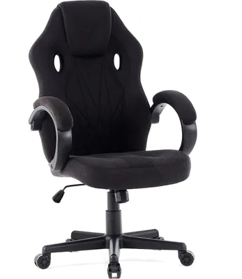 A black gaming chair is shown against a white background.