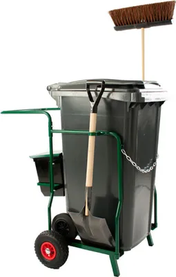 Produktbild von Reinigungswagen mit Luftbereifung & 2-Rad Mülltonne | 240+21 Liter, HxBxT 105x60x58cm | Inkl. Besen & Schaufel | Grün, Tonne Grau