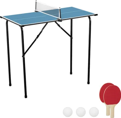 Obrázok produktu pre Stolný tenisový stôl Relaxdays Mini, skladací, stolný tenisový stôl do interiéru, priestorovo úsporný, rozmery: 76 x 88 x 48 cm, MDF a oceľ, modrý