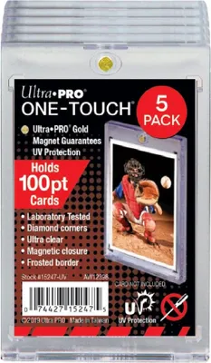 A 5-pack of Ultra Pro ONE-TOUCH magnetic card holders, with a baseball player shown inside one of the holders.