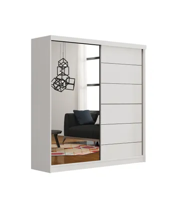 Produktbild von Schiebetürenschrank 150 cm breit mit Spiegel und dekorativen Querstreifen – Weiß
