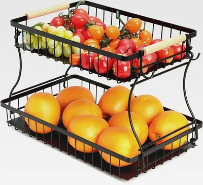 Produktbild von Obstkorb Obst Etagere, 2 Etagen Obstkörbe Stöckig Abnehmbar mit 2 Bananenaufhängern, Metall Obstschale Gemüsekorb Brot Gemüse Snacks für Stehend Aufbewahrung Vegetables Fruits Basket, Schwarz