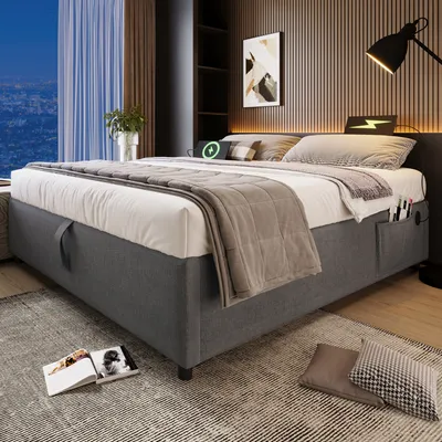 A modern bedroom scene with a bed, nightstand, and window view.