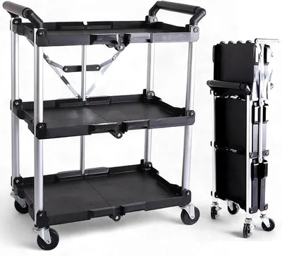 Produktbild von Serve Servierwagen mit Rollen - Rollwagen Metall 75 kg Klappbar | Mobiler Küchenwagen mit 3 Ebenen, 600x380 mm Ladefläche, Aluminium Transportwagen klappbar für Küche, Büro & Werkstatt