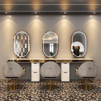 Produktbild von 360Home Frisiertisch mit LED Spiegel Stylingstation Bedienplatz Friseursalon Schrank mit Schubladen Frisierplatz mit Edelstahlrahmen Gold C-3-Sitzer