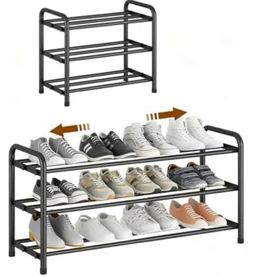 Zdjęcie produktu dla Półka na buty, wysuwana, 3 poziomy, metalowa, czarna, 45-80 cm