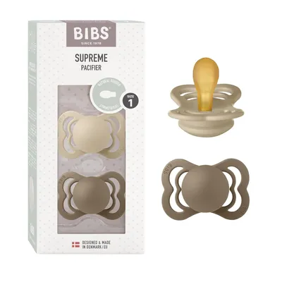 Produktbild von BIBS Supreme Schnuller 2er-Pack, BPA-frei, Symmetrischer Nippel. Naturkautschuk / Latex, Hergestellt in Dänemark. Größe 1 (0-6 Monate), Vanilla / Dark Oak
