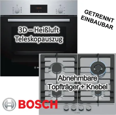 Produktbild von Herdset BOSCH Backofen Teleskopauszug 3D Heißluft + Gaskochfeld FlameSelect Edelstahl